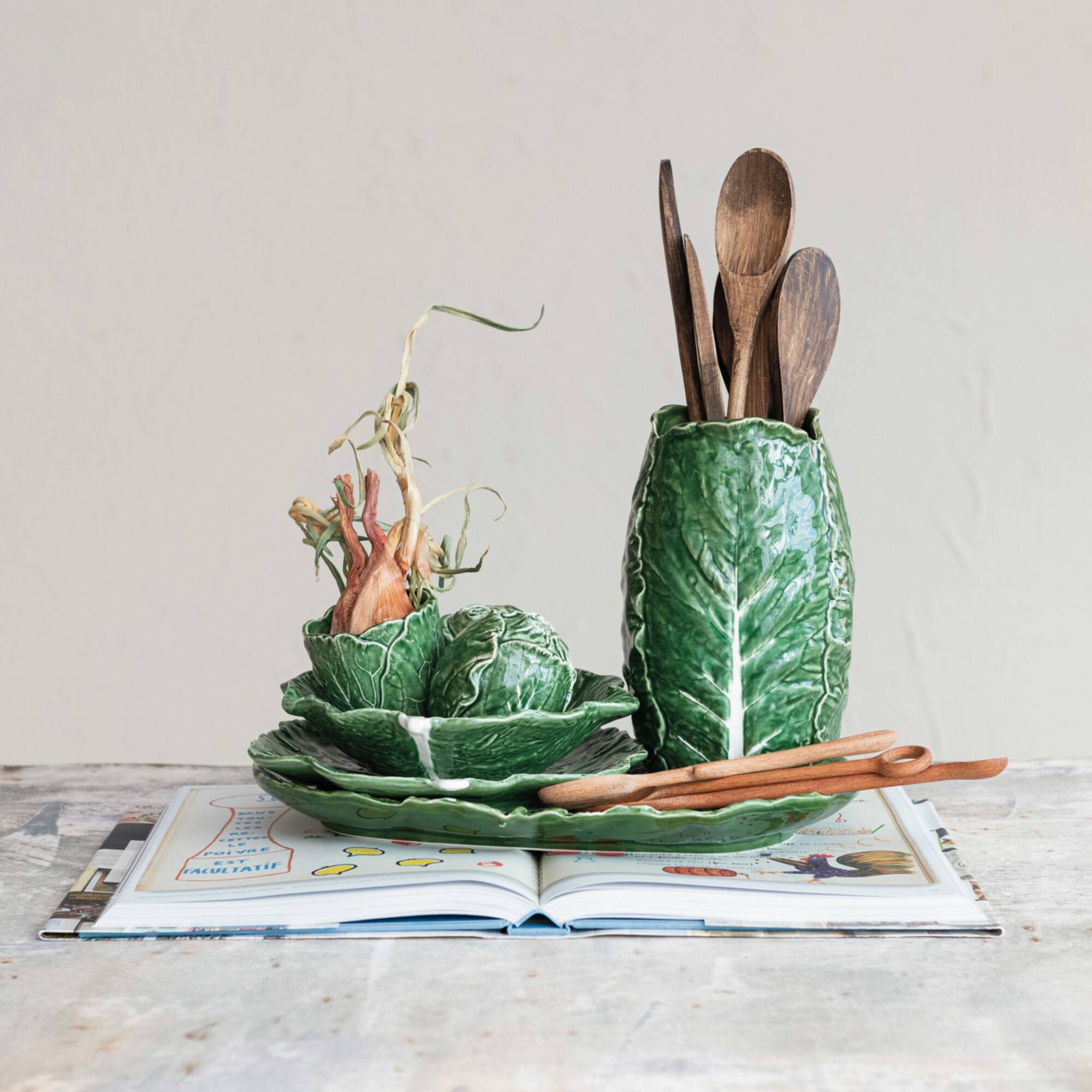Hello Honey® 8.25" Green Hand Painted Embossed Stoneware Cabbage Vase